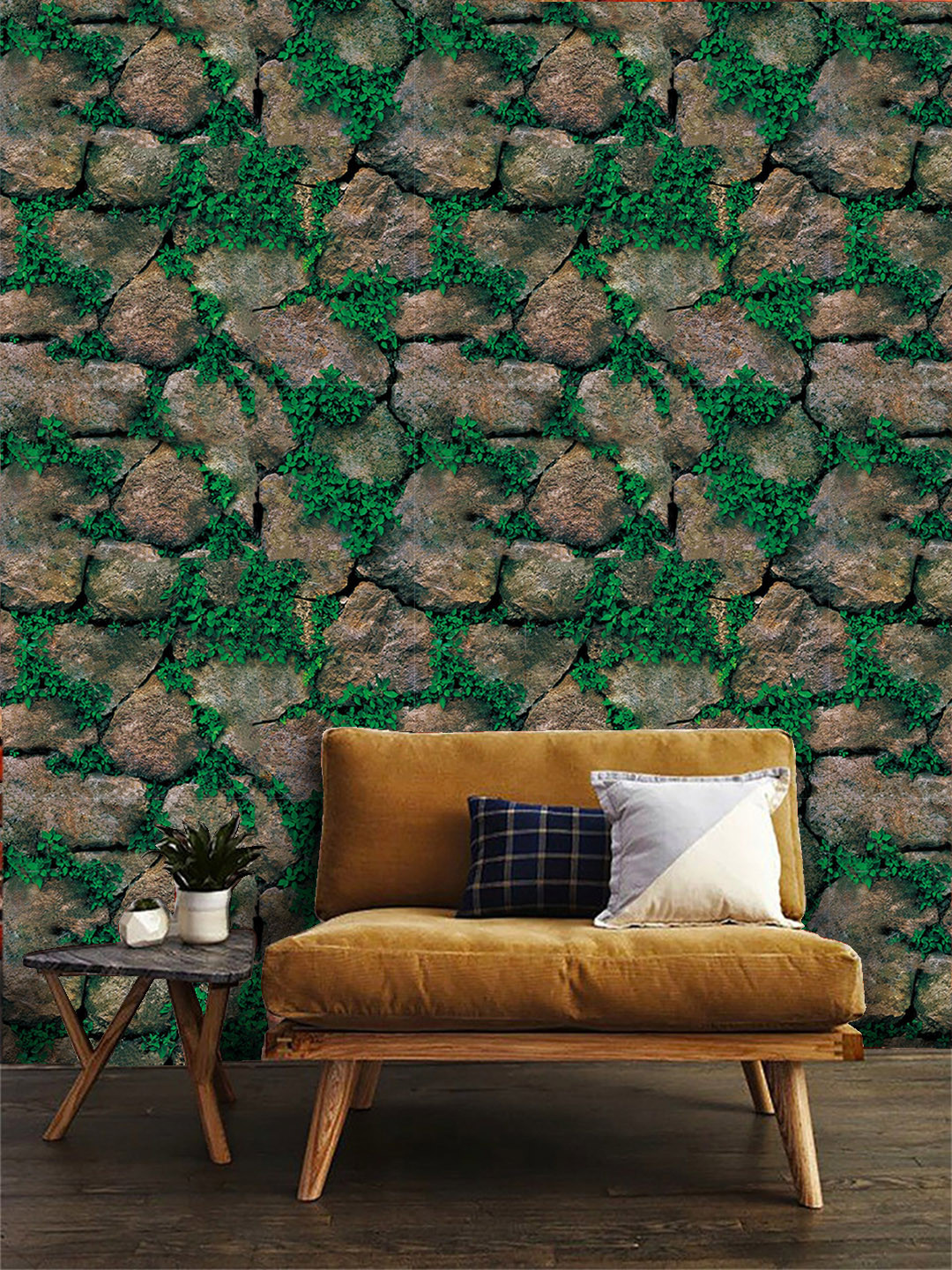 Jaamso Royals Green & Beige Stone Brick Self Adhesive Removable Wallpaper