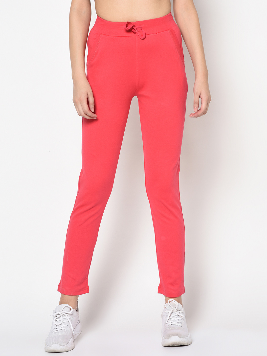 FEMEA Women Rose-Coloured Solid Slim-Fit Track Pants