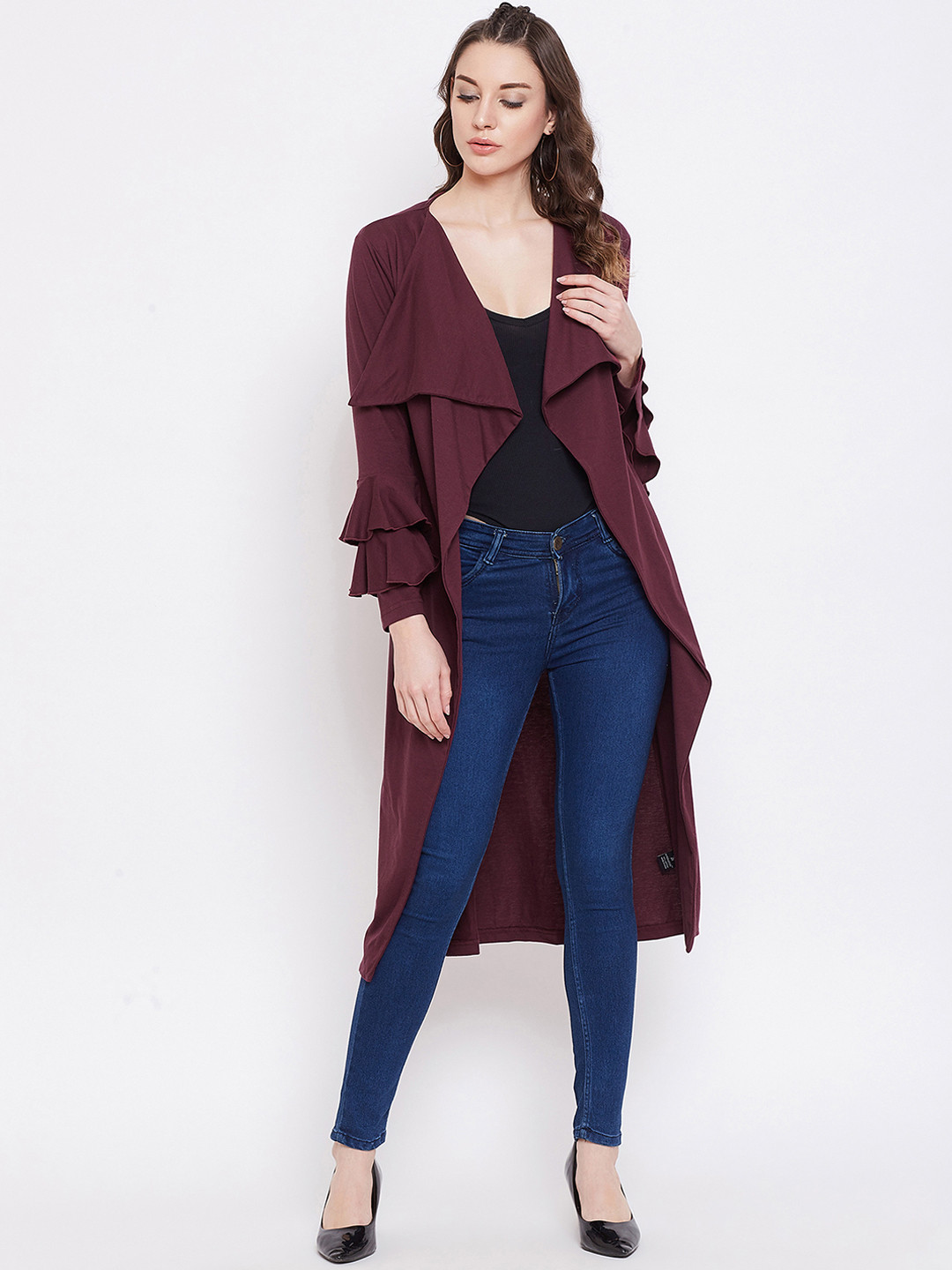 Hypernation Women Maroon Solid Open Front Shrug
