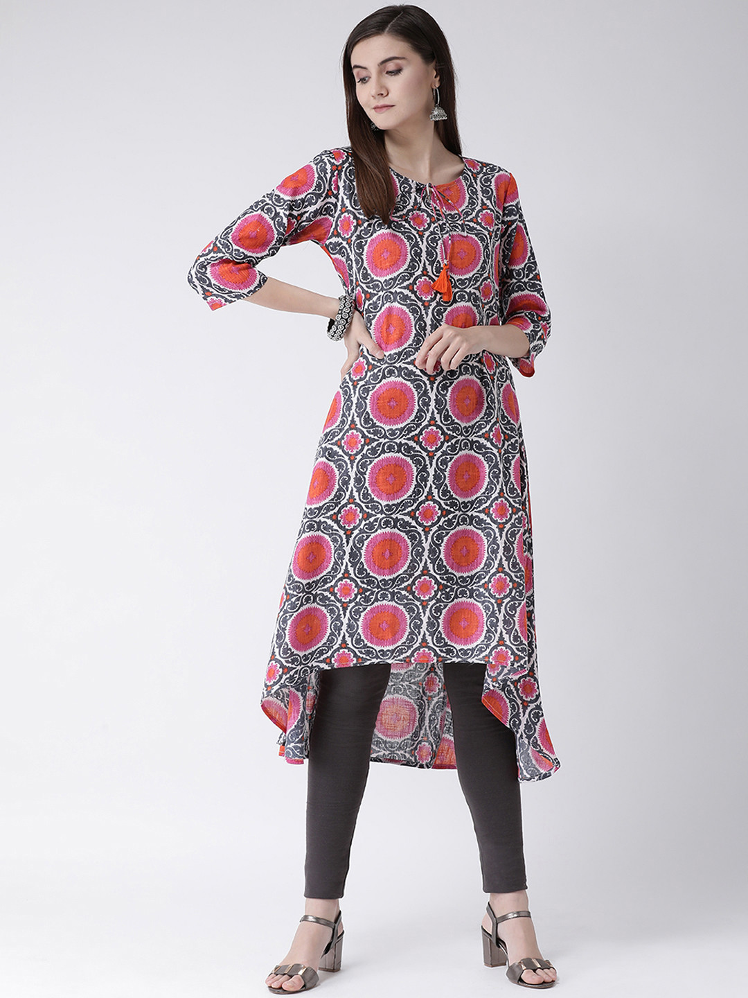 Span Women Grey & Orange Printed A-Line Kurta