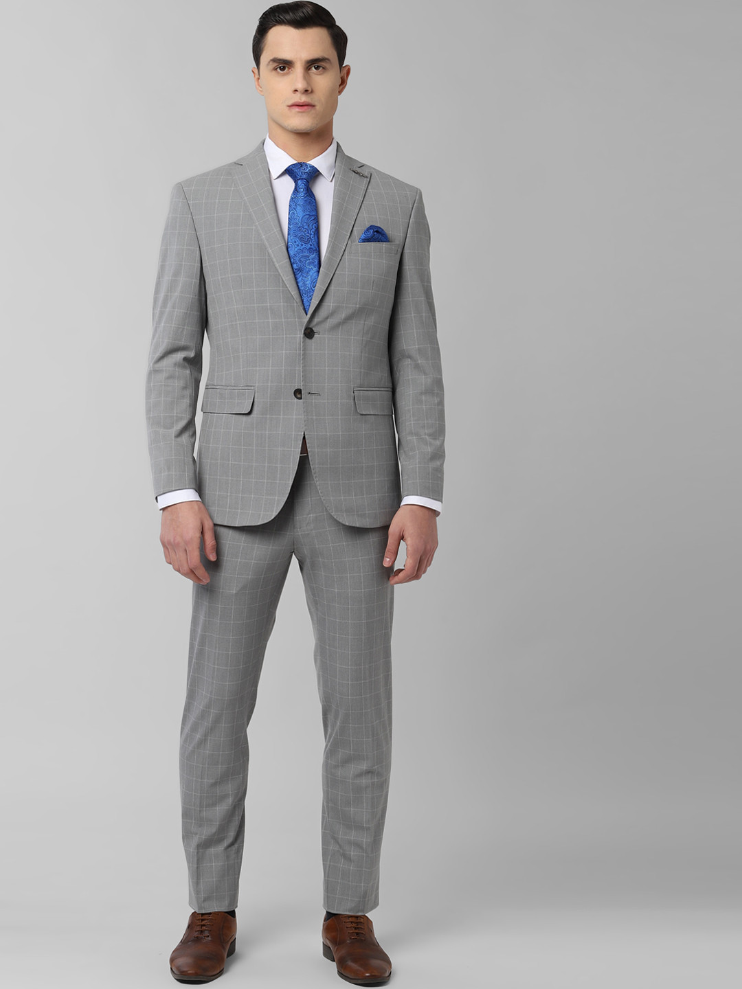 Peter England Elite Men Grey Checked Slim-Fit Single-Breasted Formal Suit