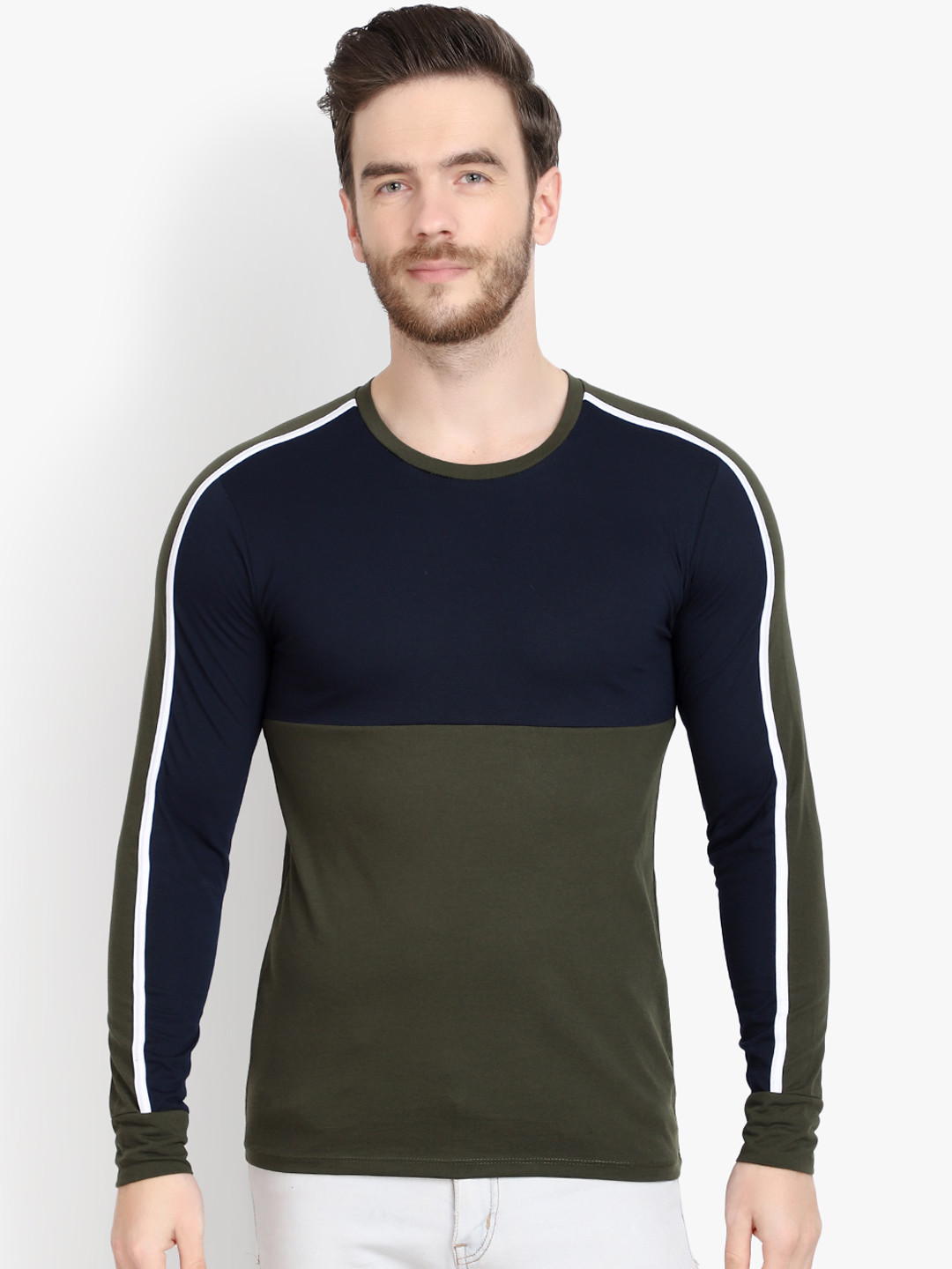 LE BOURGEOIS Men Navy Blue & Olive Green Colourblocked Round Neck T-shirt