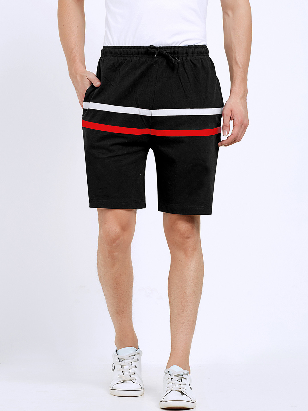 Maniac Men Black & Red Striped Regular Fit Knee Length Shorts