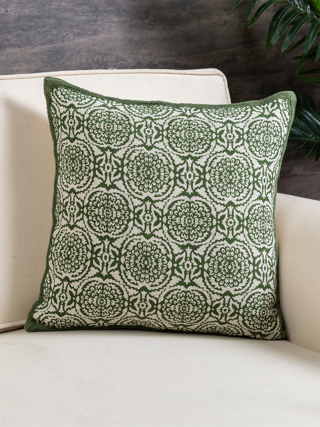 Pure Home and Living Green & Off-White Set of Single Ethnic Motifs Square Cushion Covers