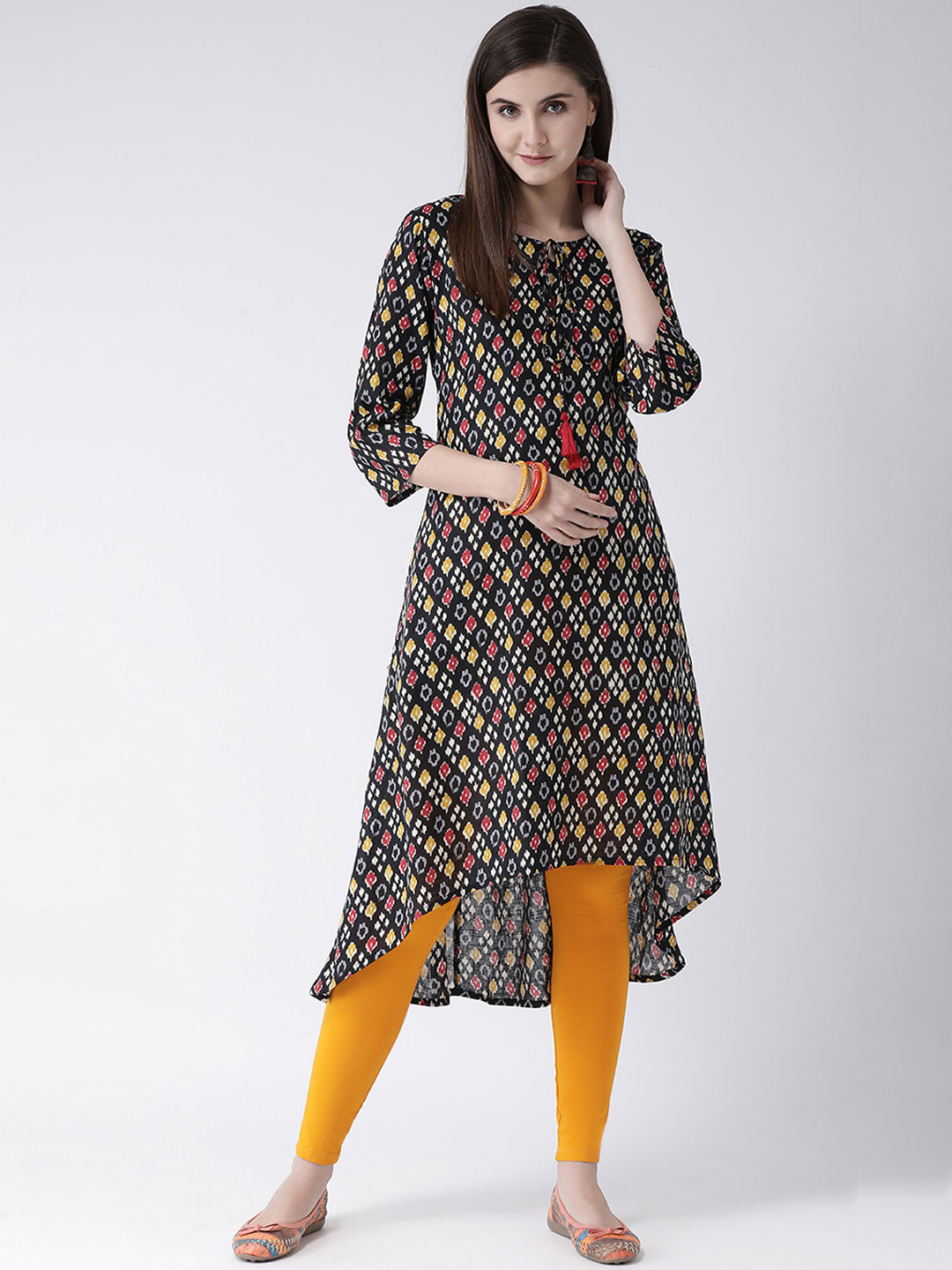 Span Women Black & Yellow Printed A-Line Kurta