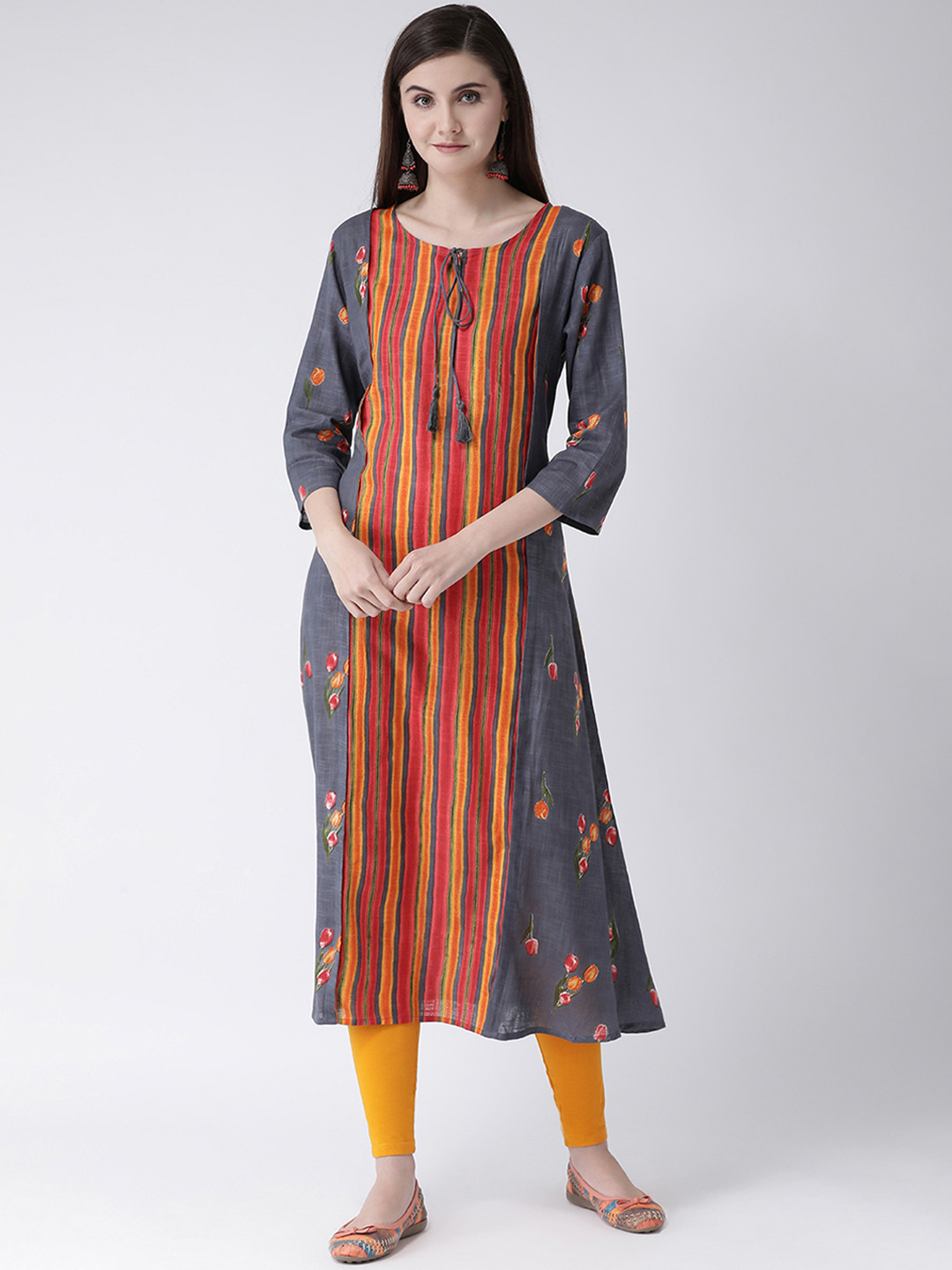 Span Women Grey & Orange Printed Straight Kurta