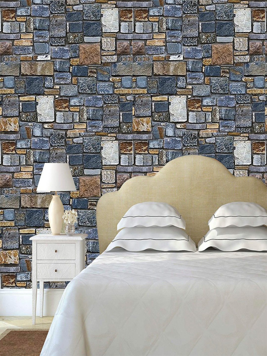 Jaamso Royals Blue & Brown Stone Brick Self Adhesive Removable Wallpaper