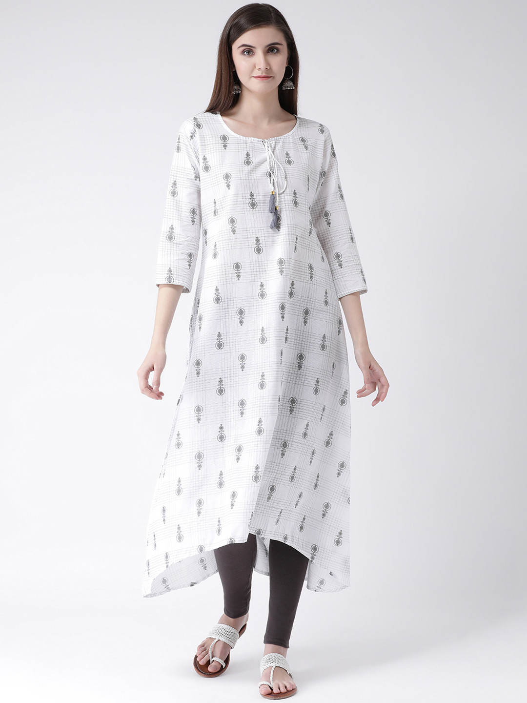 Span Women White & Grey Ethnic Motifs Printed Keyhole Neck Kurta