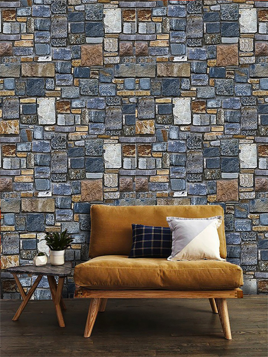 Jaamso Royals Blue & Brown Stone Brick Self Adhesive Removable Wallpaper