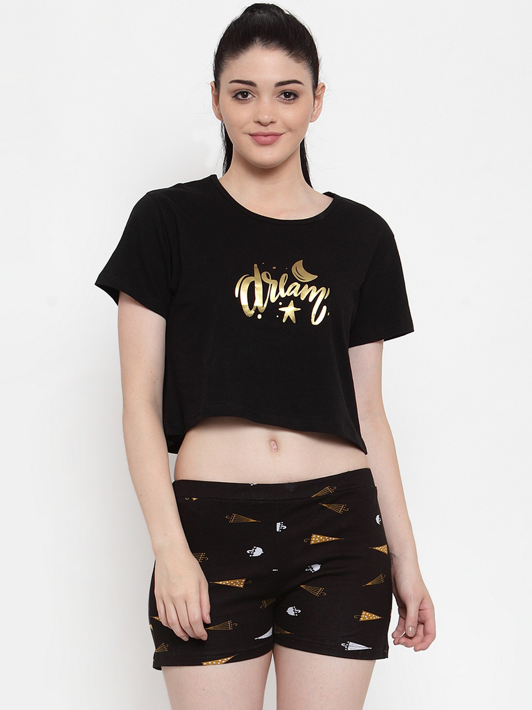 Claura Women Black Printed Night suit