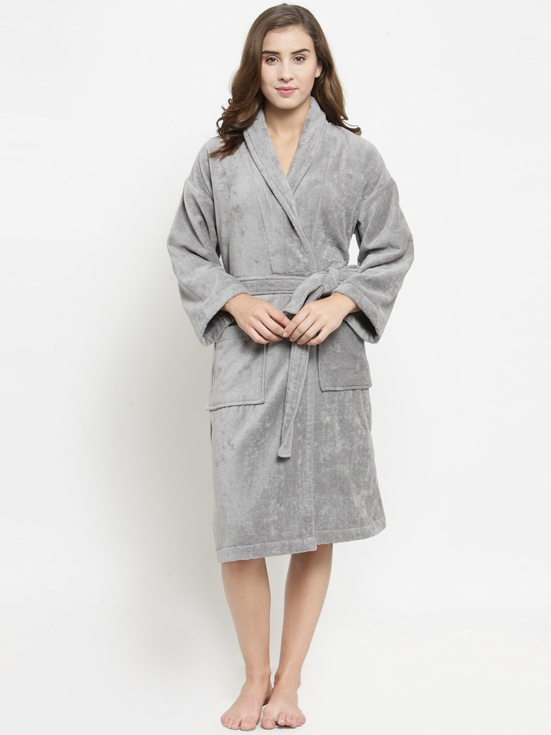 MYTRIDENT Comfort, Cloud Burst Grey Solid Cotton Drawstring Knee Length Bath Robe-L