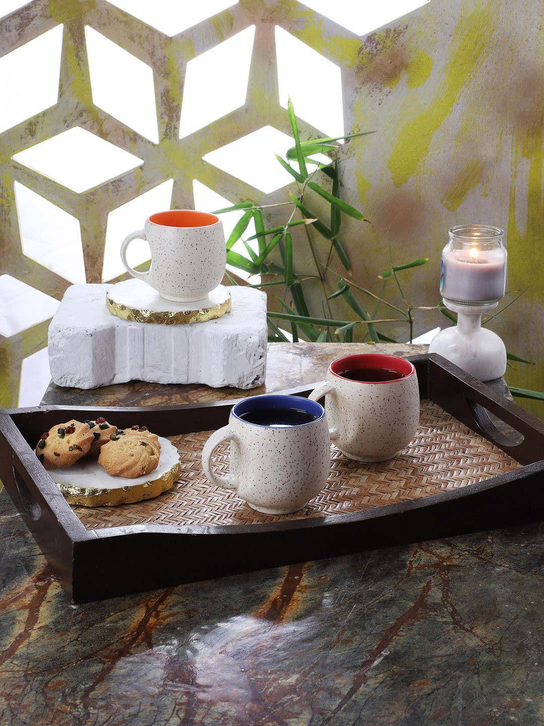 CDI Maharaja Jumbo White Abstract Ceramic Microwave Safe 6 Piece Cups-180ml