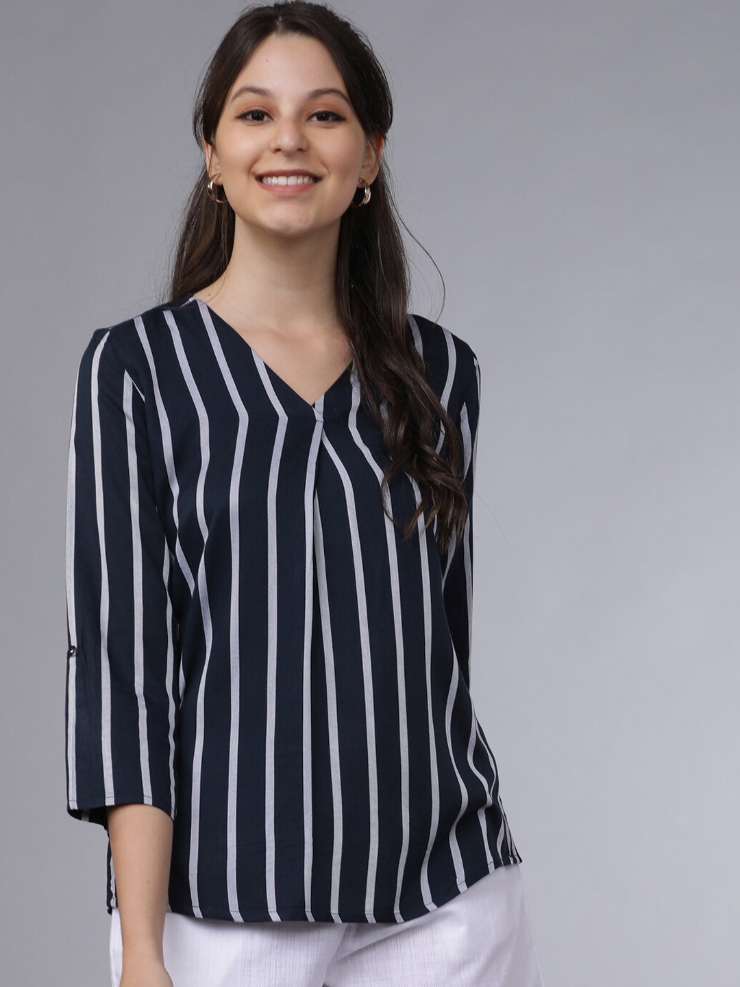 Tokyo Talkies Navy Blue & White V-neck Striped Top