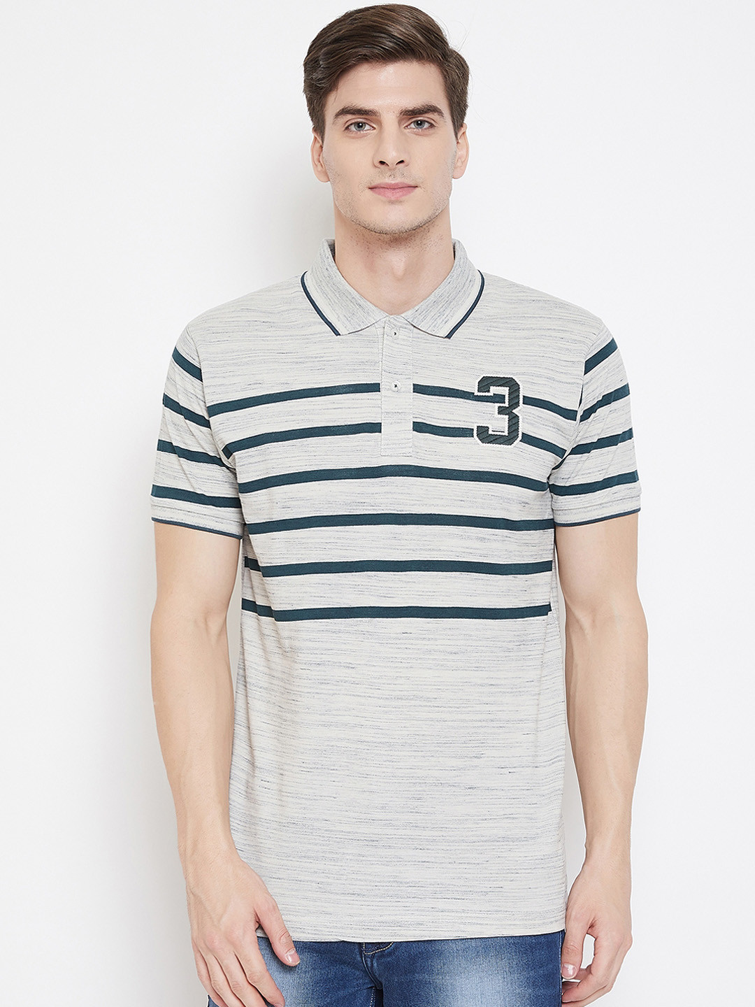 Camey Men Grey Striped Polo Collar T-shirt