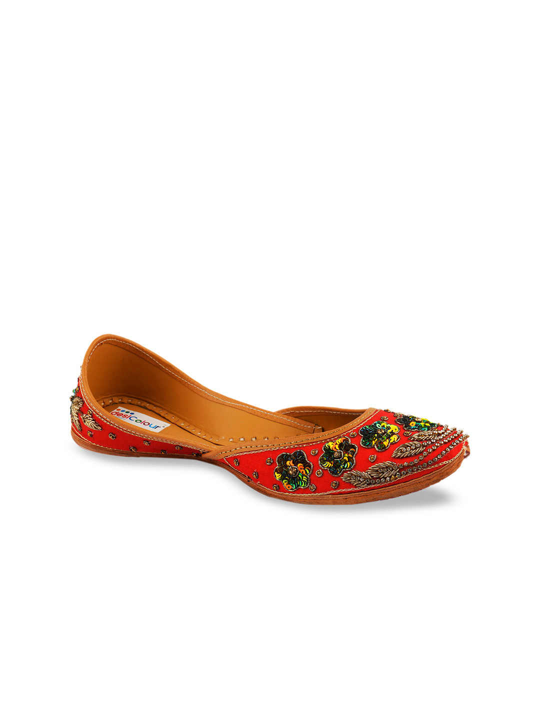 DESI COLOUR Women Red Embellished Leather Mojaris