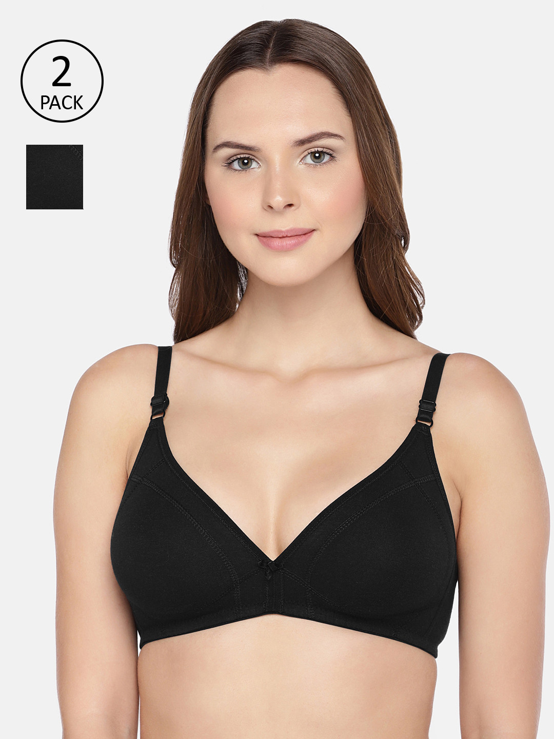 Inner Sense Pack Of 2 Black Organic Cotton Antimicrobial Supportive Stitch Bra ISBC099