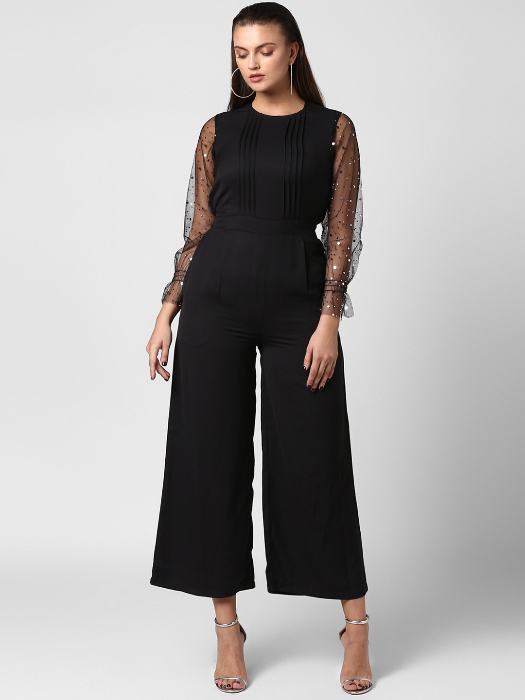 StyleStone Women Black Embellished Net Sleeves Basic Jumpsuit