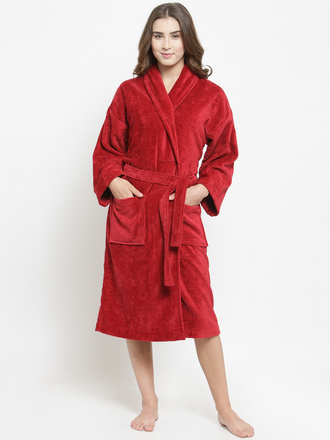 MYTRIDENT Comfort Red Solid Cotton Drawstring Knee Length Bath Robe-L