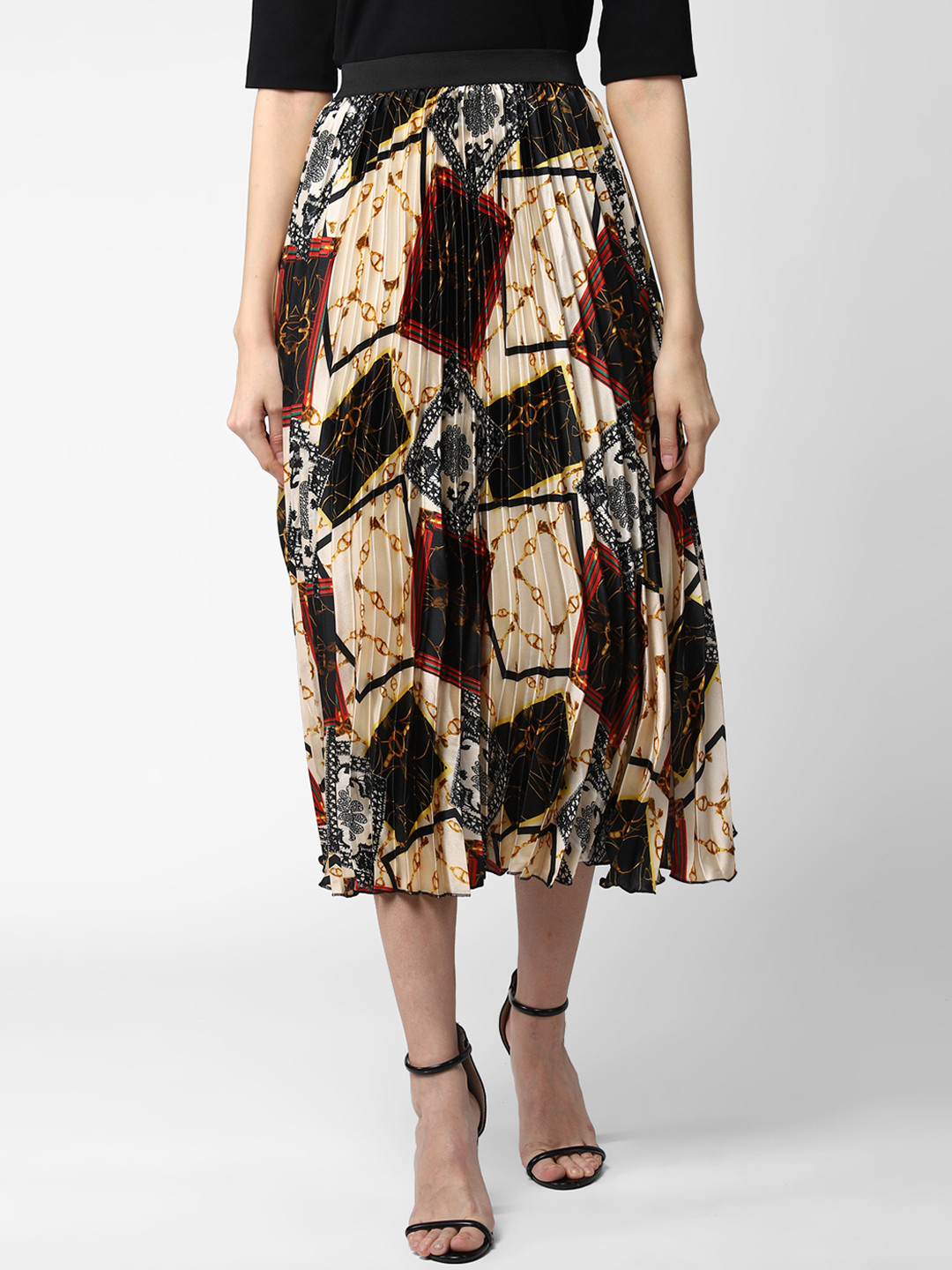 StyleStone Women Beige & Black Printed Accordion Pleated Midi Skirt