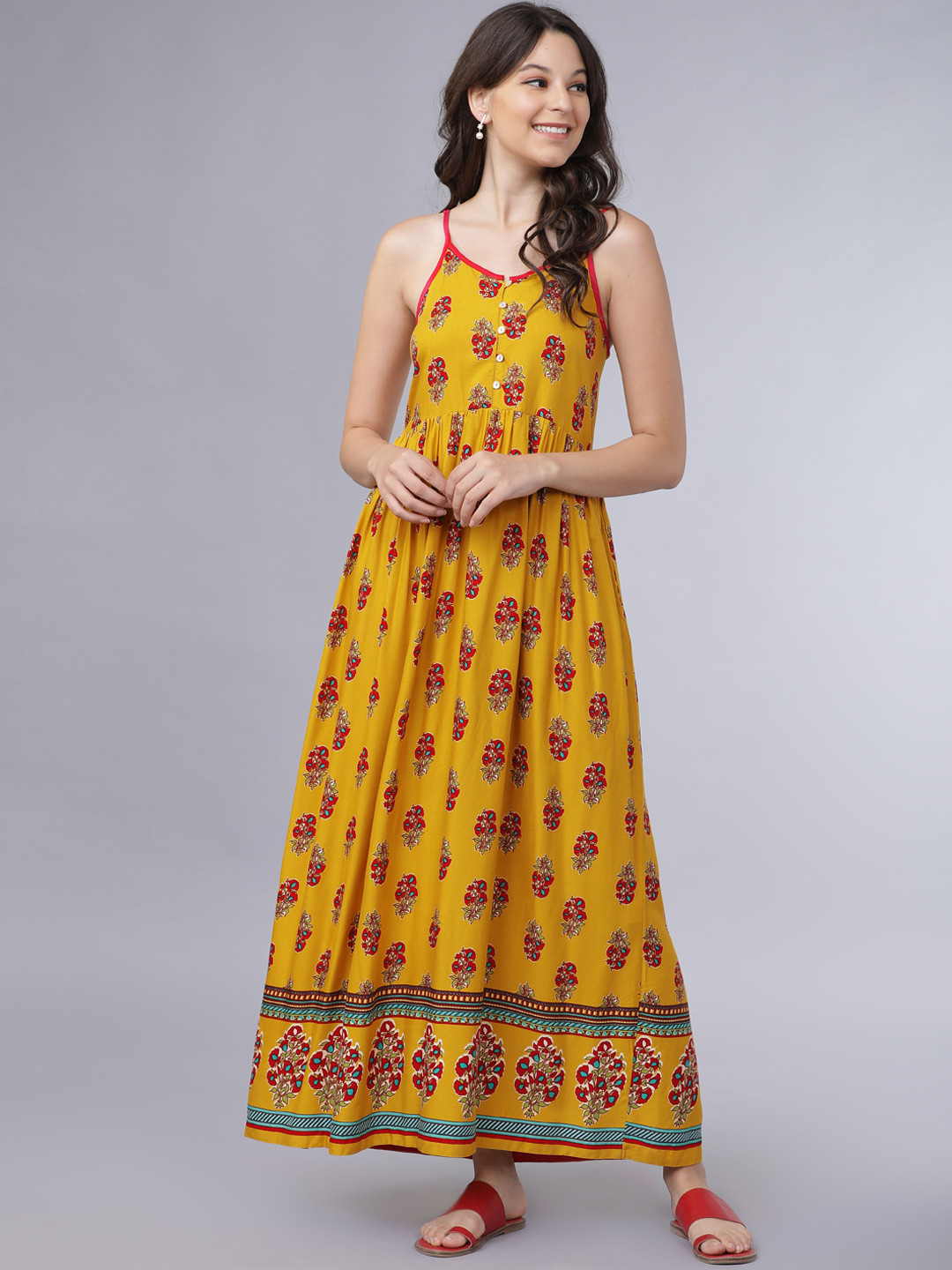 Vishudh Women Mustard Yelow & Red Floral Print Fit and Flare Dress