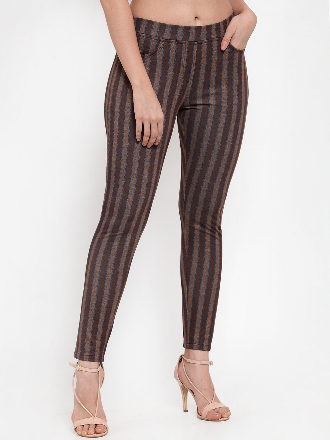 Westwood Women Brown & Maroon Striped Skinny-Fit Treggings