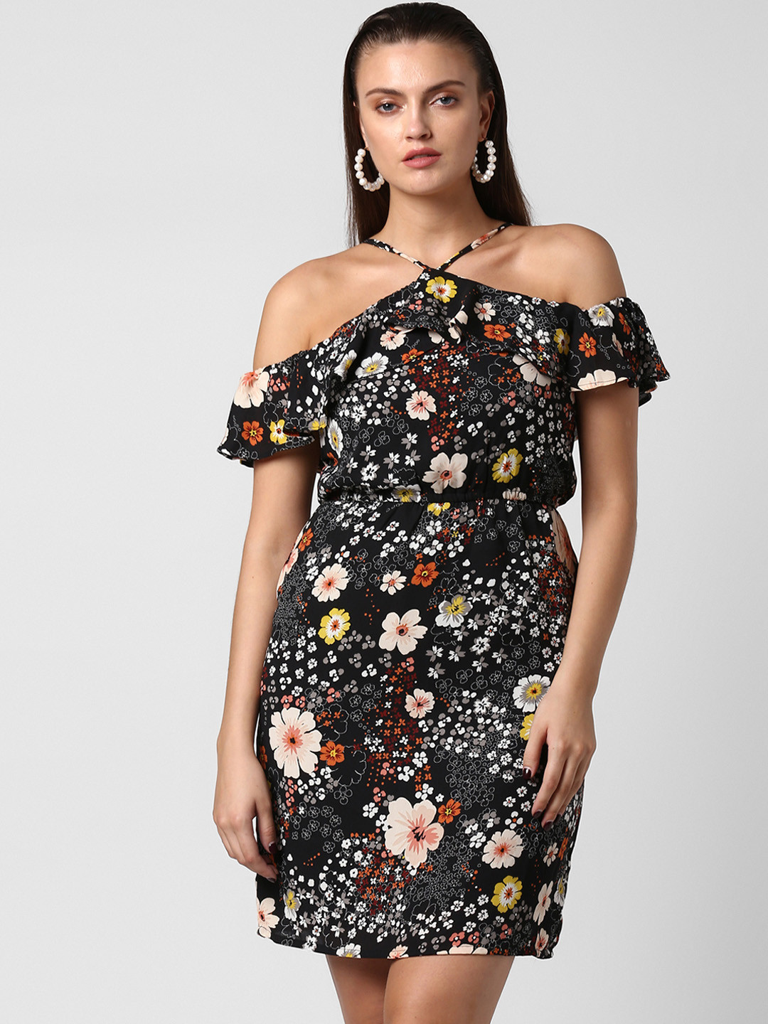 StyleStone Women Multicoloured Floral Print Halter Neck Knee Length Dress