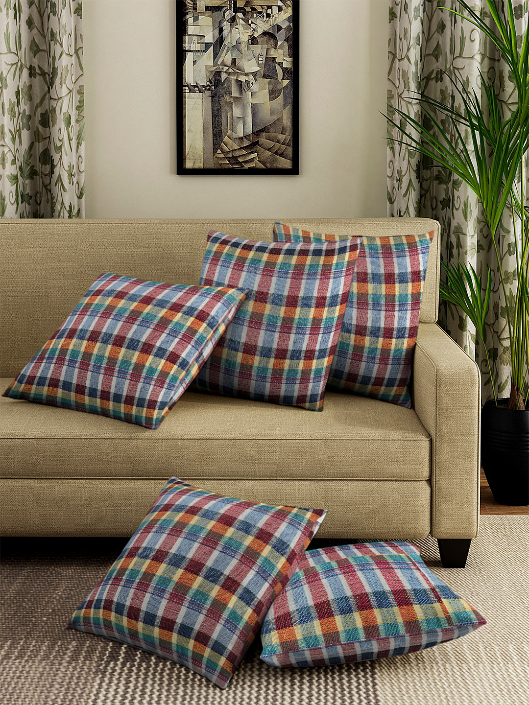 KLOTTHE Multicoloured Set of 5 Checked Square Cushion Covers