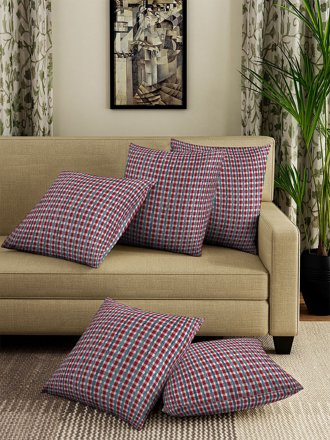 KLOTTHE Pom Pom Checked Cotton Handcrafted 5 Pcs Square Cushion Covers - 15.7 x 15.7 In