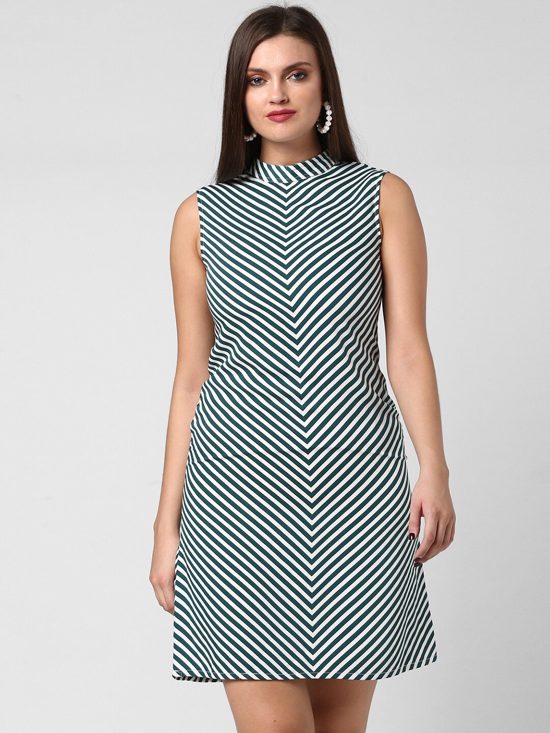 StyleStone Women Green & White Striped Knee Length A-Line Dress