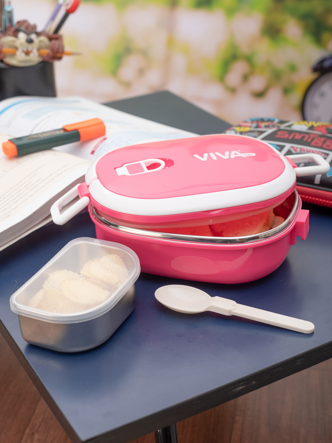 VIVA h2o Pink Solid Plastic Dishwasher Safe 4PCs Lunch Box With Spoon and Fork