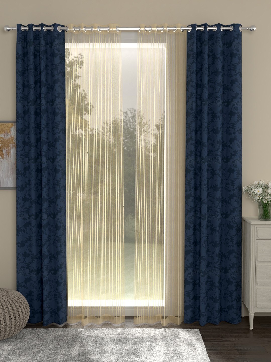 ROSARA HOME Navy Blue & Gold-Toned Set of 4 Door Curtains