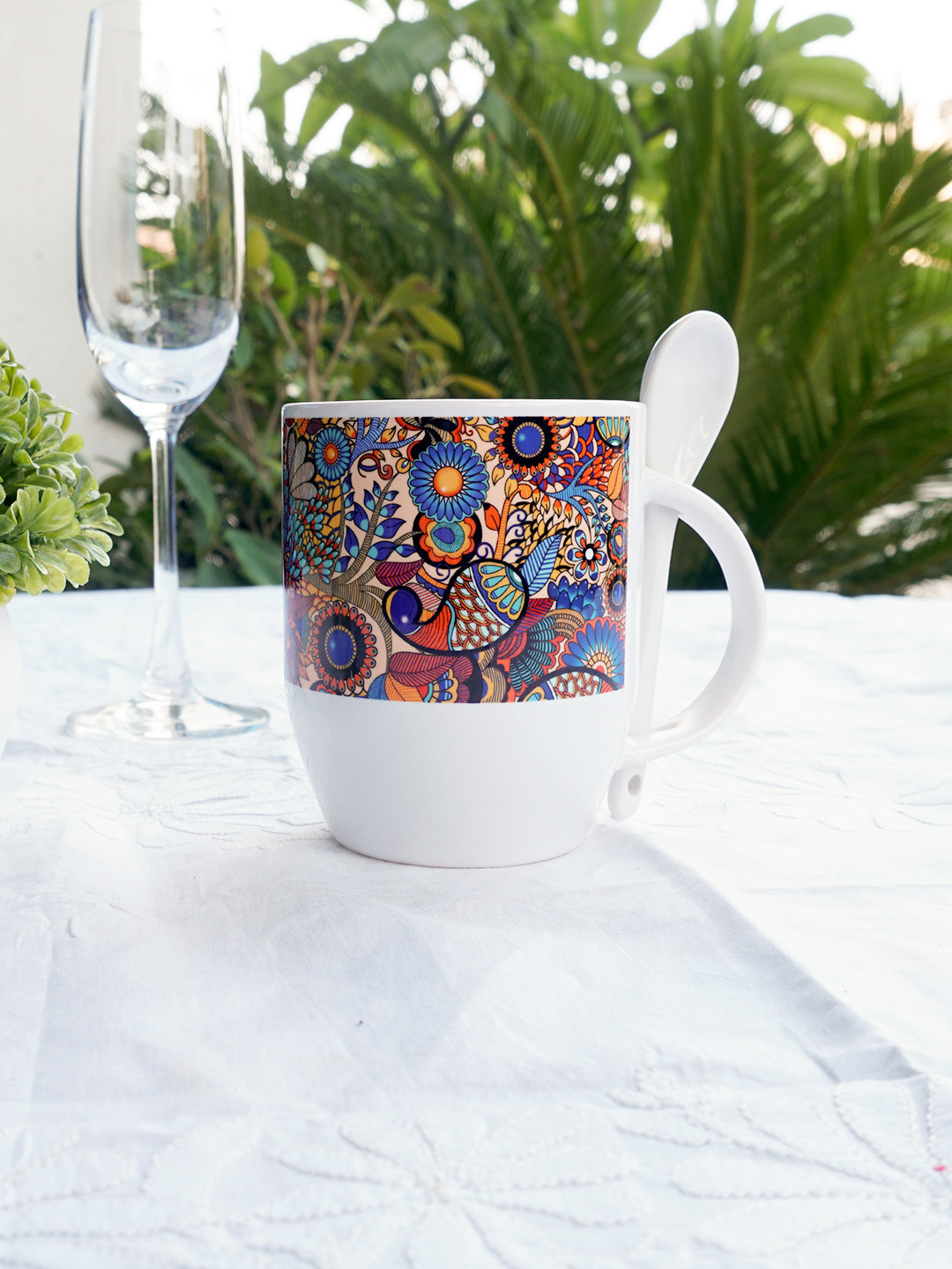 KOLOROBIA White Ethnic Motifs Ceramic Microwave Safe Mug with Spoon-325ml