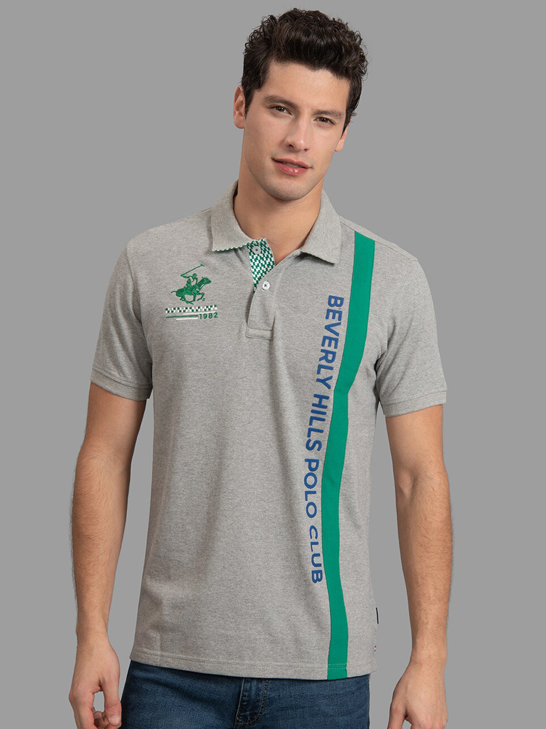 Beverly Hills Polo Club Men Grey & Green Printed Polo Collar T-shirt