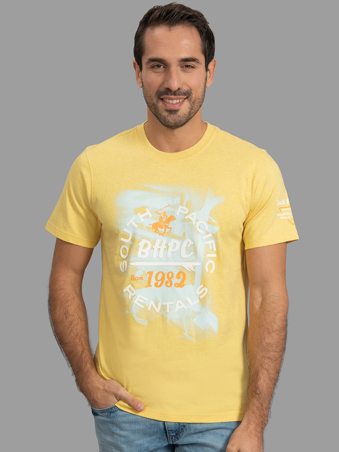Beverly Hills Polo Club Men Yellow Solid Round Neck T-shirt