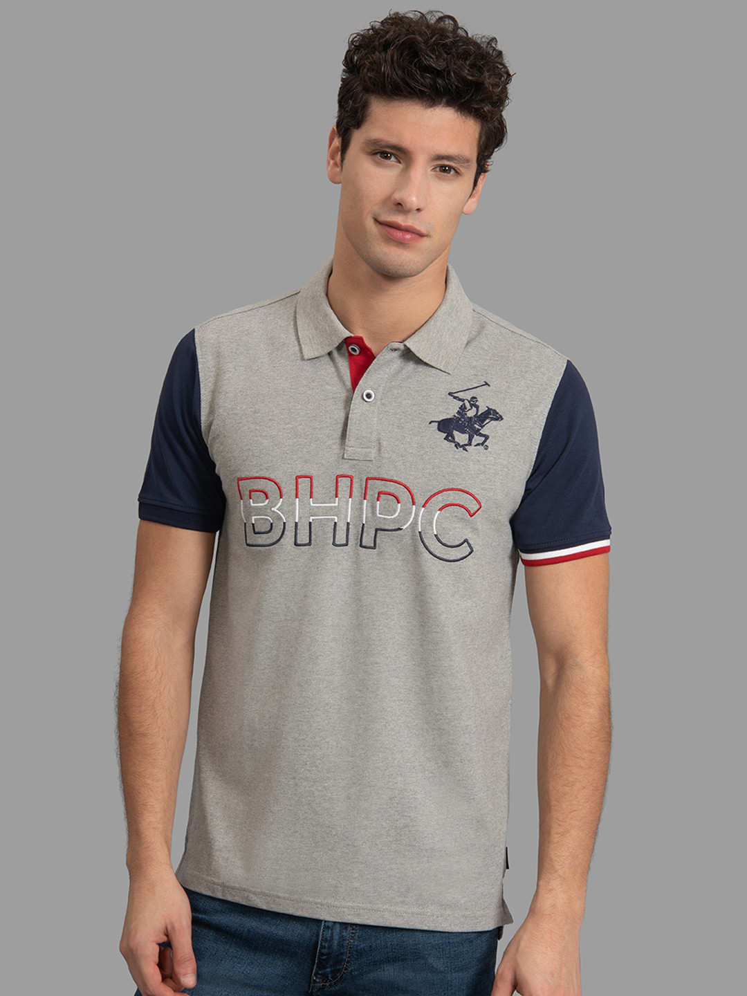 Beverly Hills Polo Club Men Grey Printed Polo Collar T-shirt