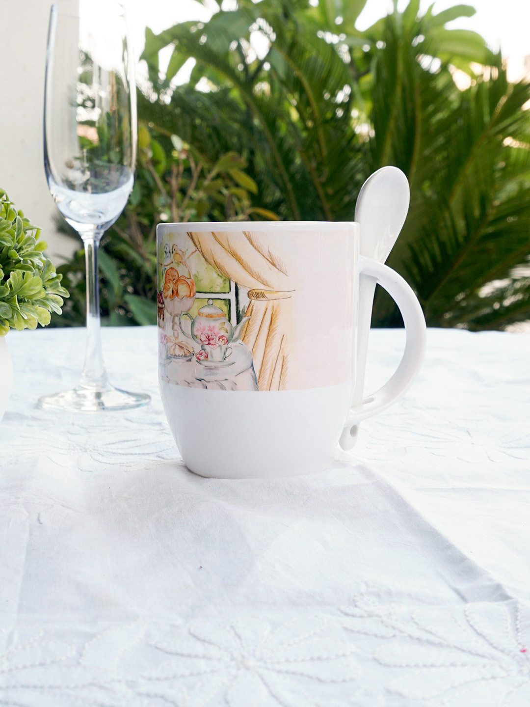 KOLOROBIA White Conversational Ceramic Microwave Safe Mug with Spoon-325ml