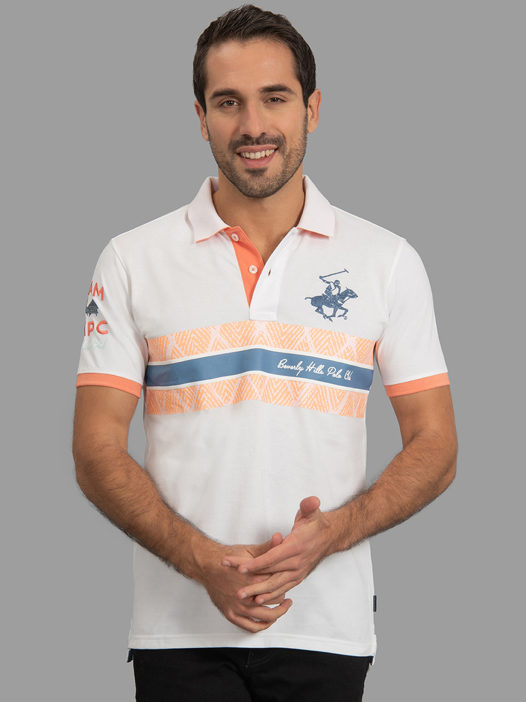 Beverly Hills Polo Club Men White & Orange Printed Polo Collar T-shirt