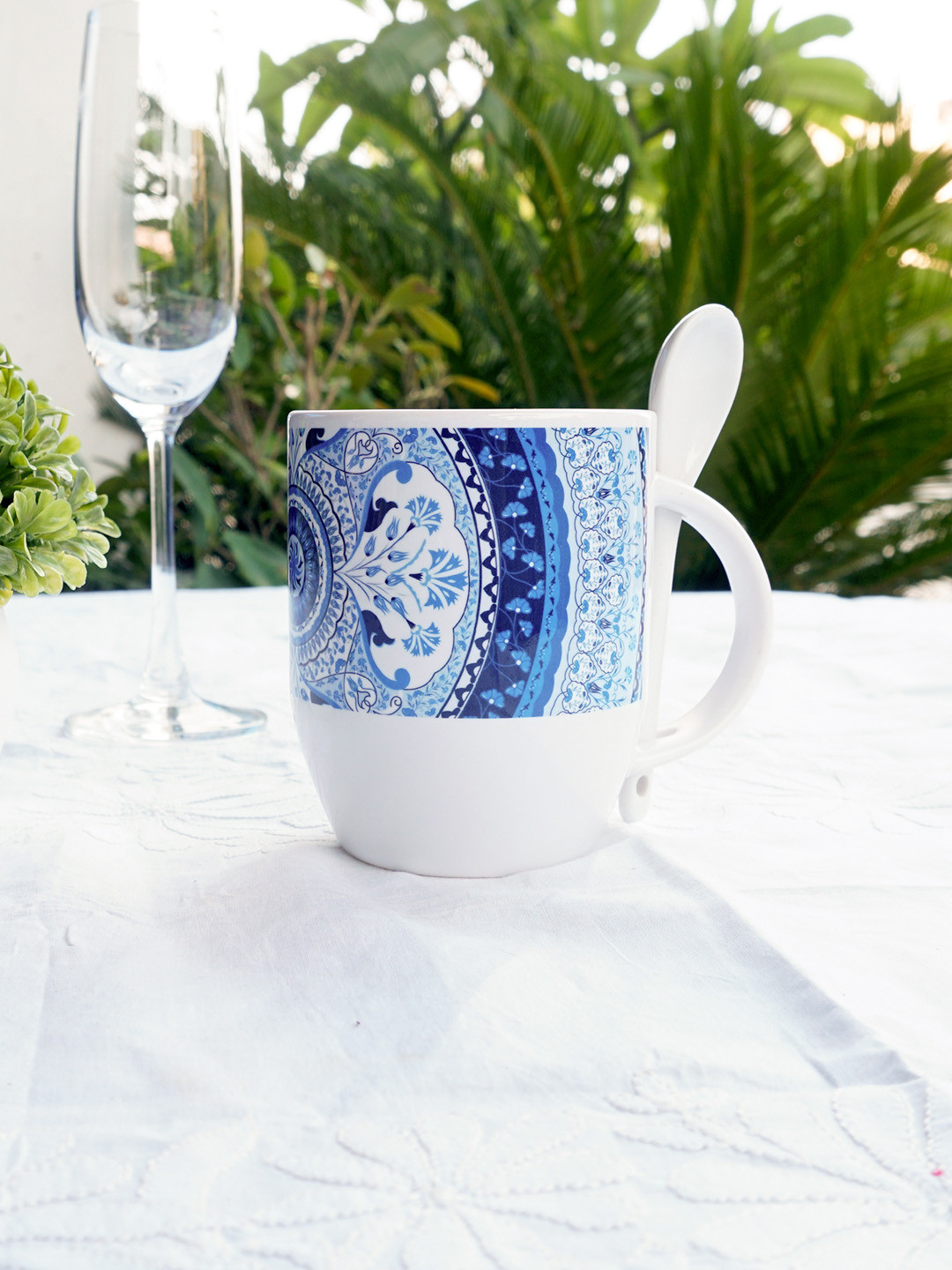 KOLOROBIA Nawabi Jumbo Blue Ethnic Motifs Ceramic Microwave Safe Mug with Spoon-325ml