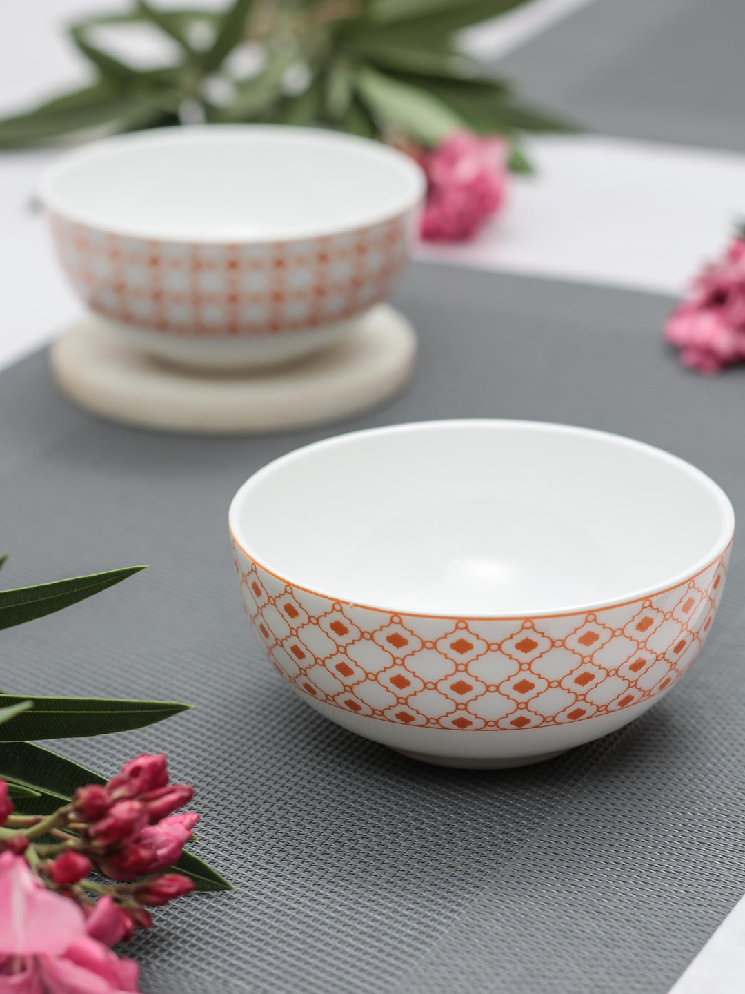 CLAY CRAFT  Set Of 6 White & Orange Printed Ceramic Designer Bowls