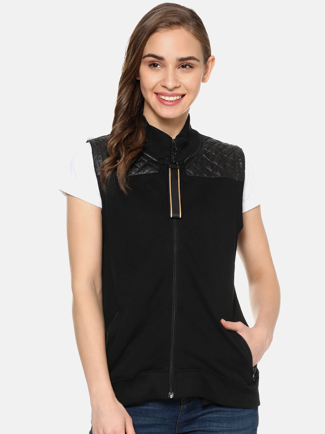 Campus Sutra Women Black Solid Quiltted Sporty Jacket