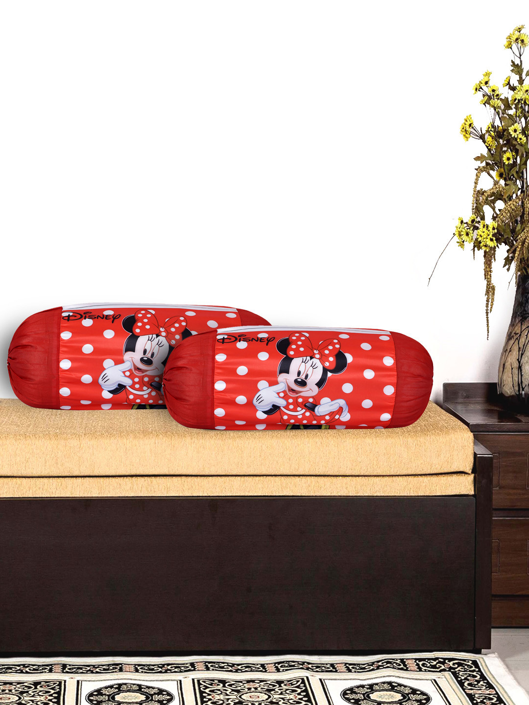 Kuber Industries Set Of 2 Red & White Minnie Mouse Printed Bolster Covers