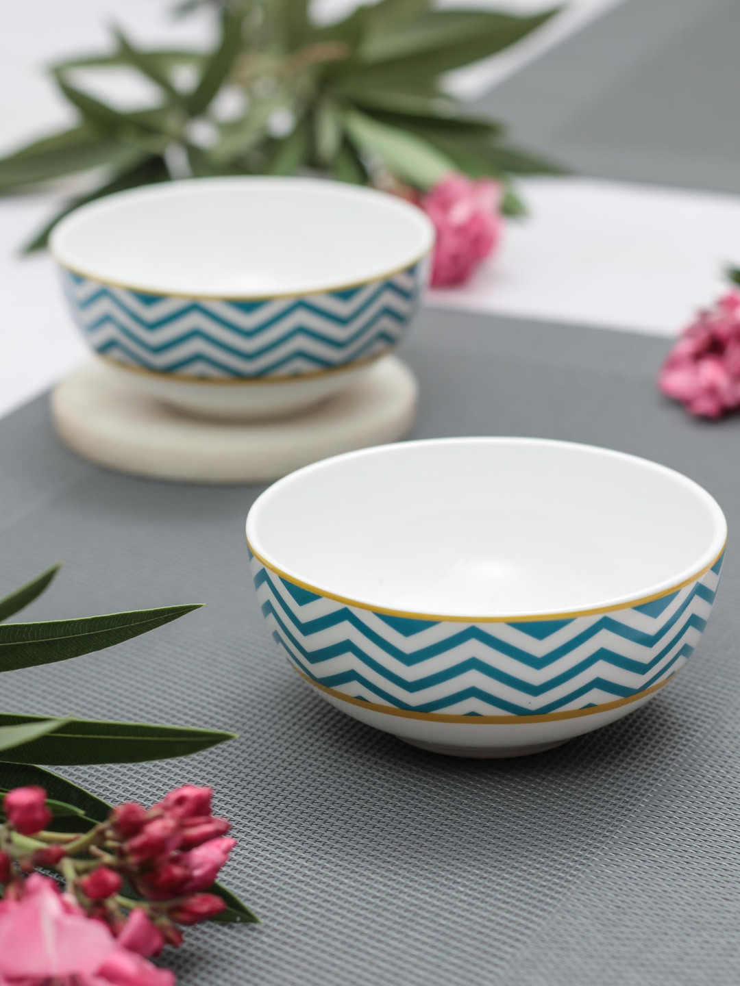 CLAY CRAFT  Set Of 6 White & Blue Printed Ceramic Designer Bowls