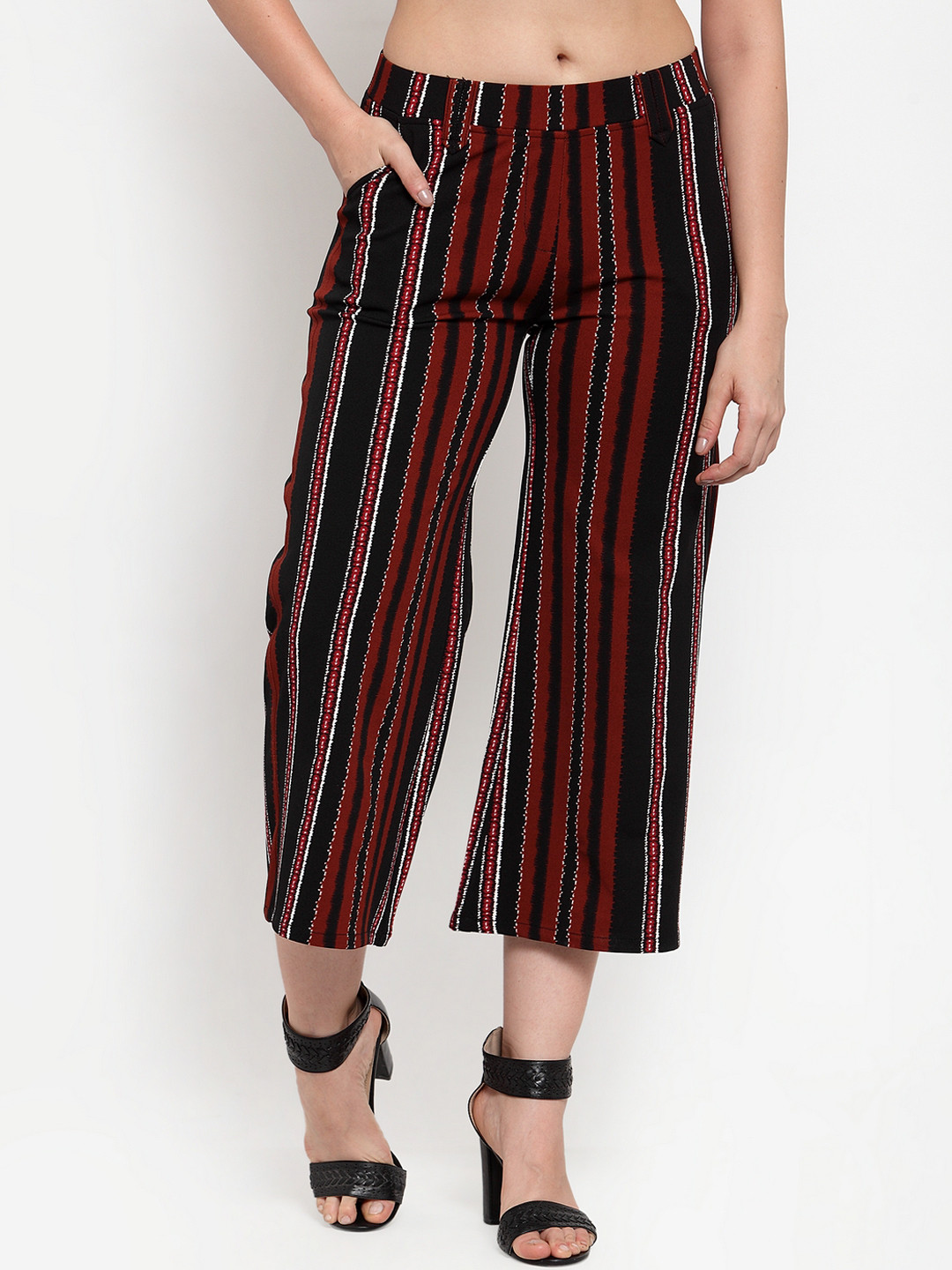 Westwood Women Black & Maroon Relaxed Loose Fit Striped Parallel Trousers
