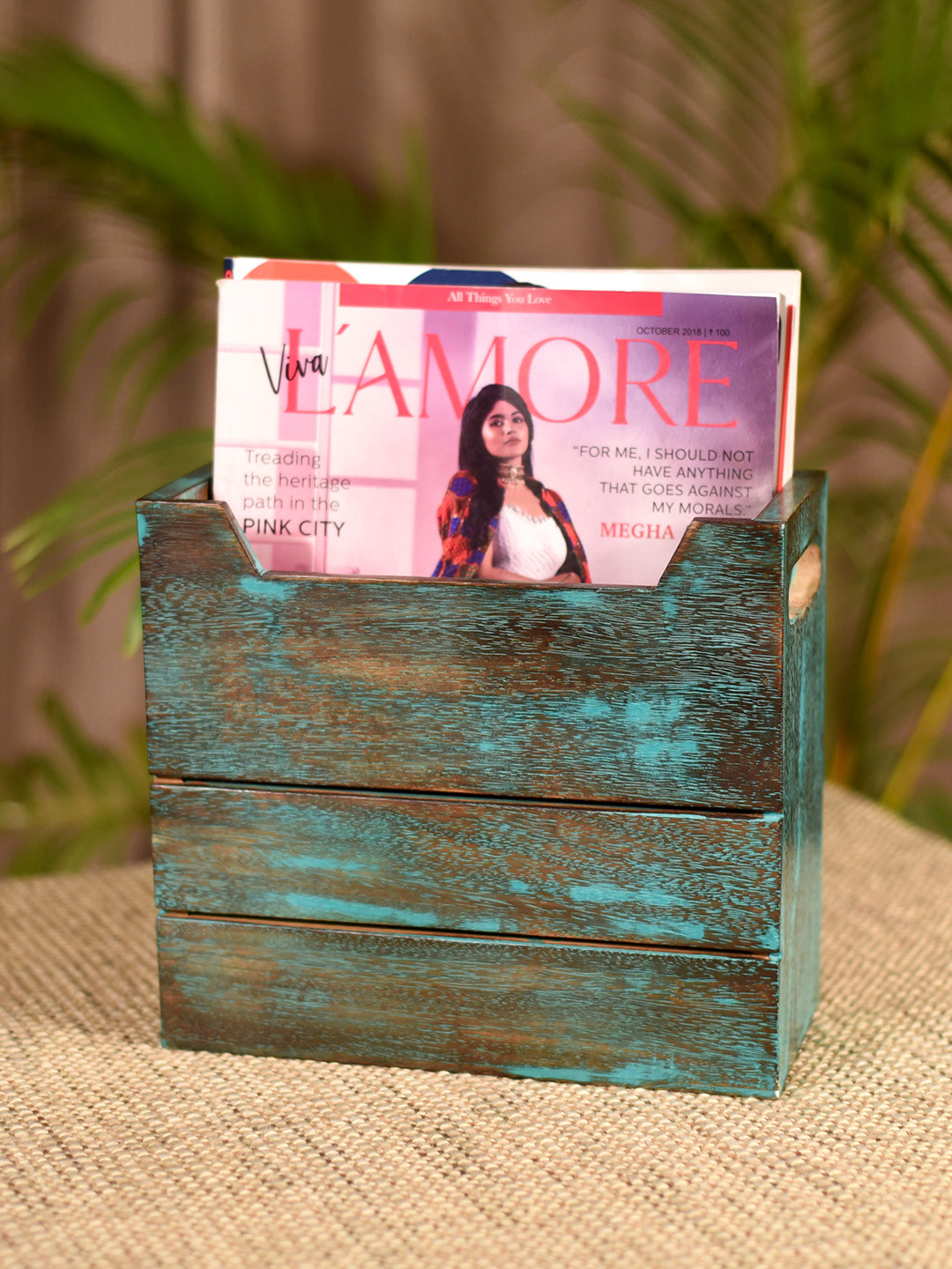 Unravel India Brown & Blue Solid Antique Finish Handcarved Mango Wood Magazine Holder