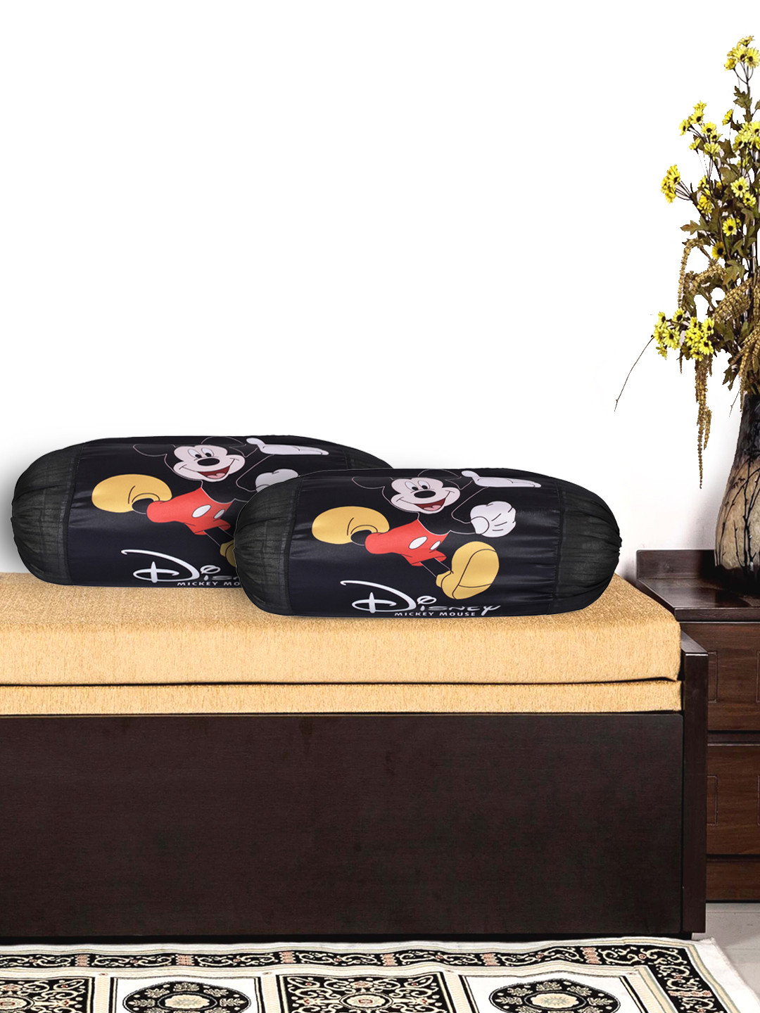 Kuber Industries Set Of 2 Red & Black Disney Mickey Printed Bolster Covers