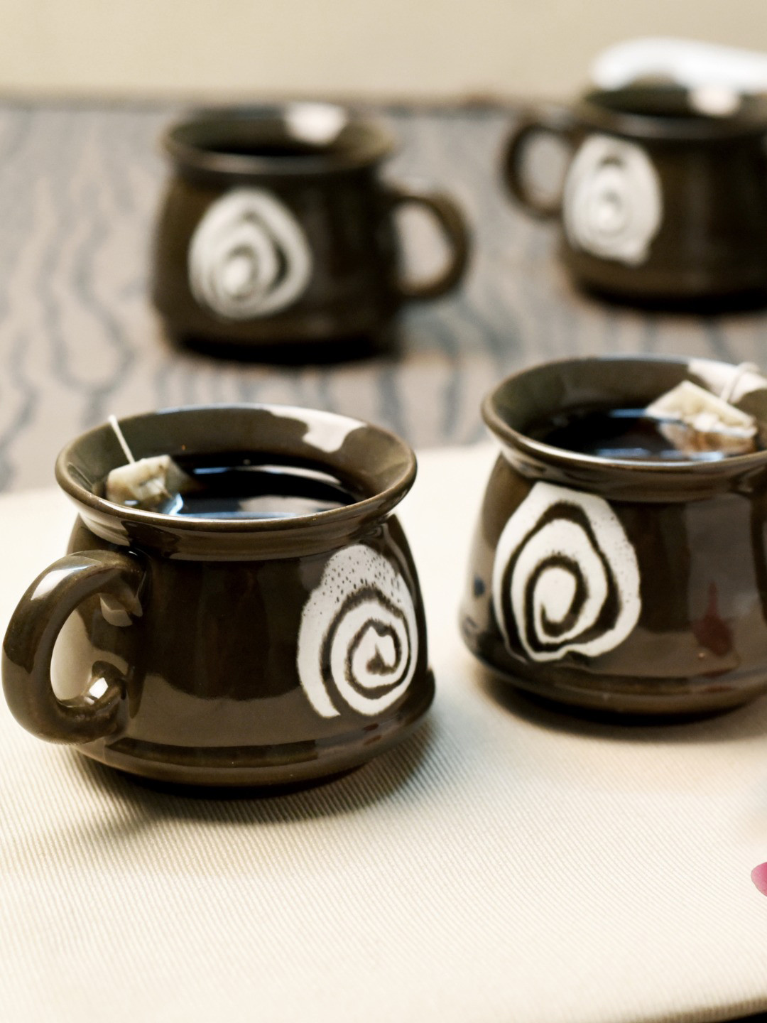 Unravel India Set Of 6 Brown & White Printed Handcrafted Stoneware Coffee Mugs