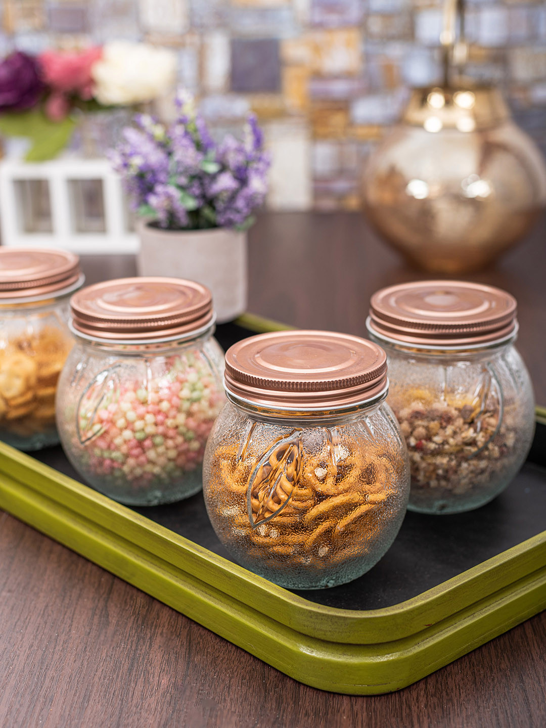 White Gold Transparent Glass Dishwasher Safe 4 Piece Screw Top Canister-750ml