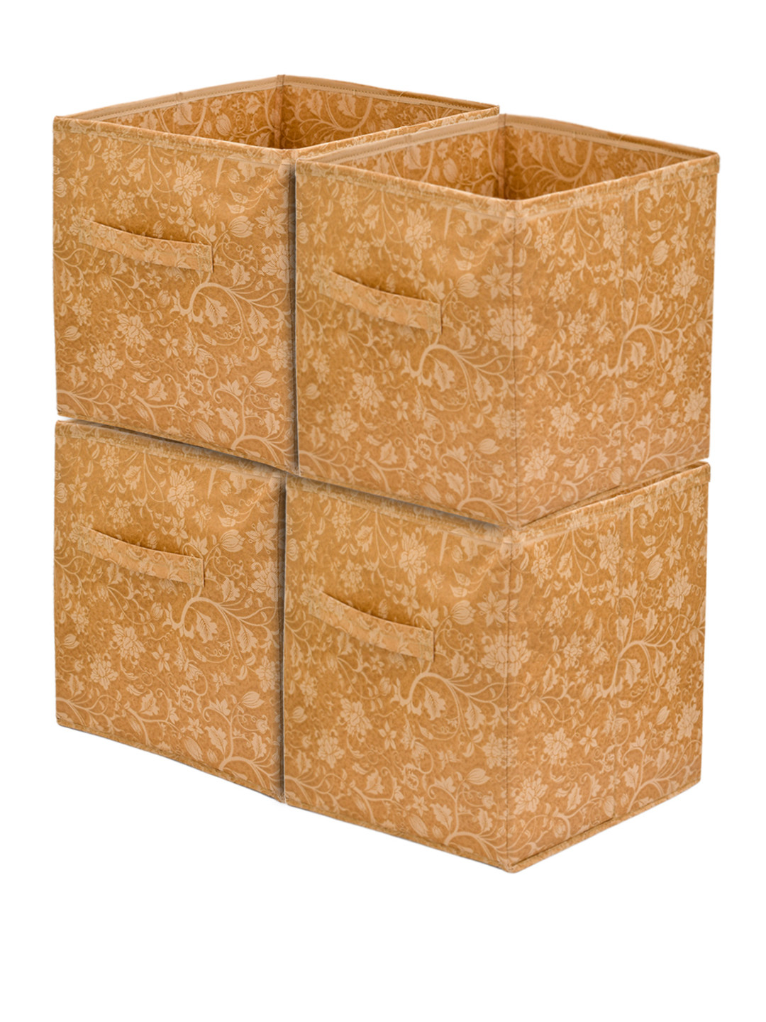 Kuber Industries Set Of 4 Beige Printed Large Foldable Cube Storage Boxes With Handle Replacement Drawer