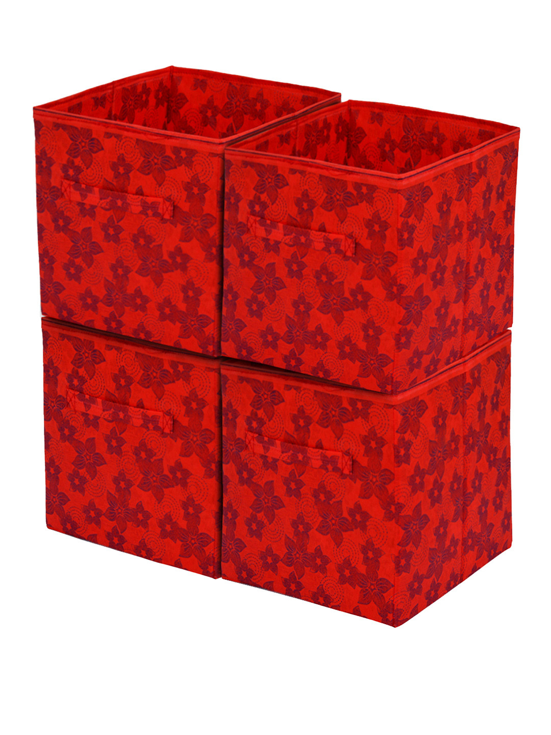 Kuber Industries Set Of 4 Red Printed Foldable Cube Storage Boxes With Handle