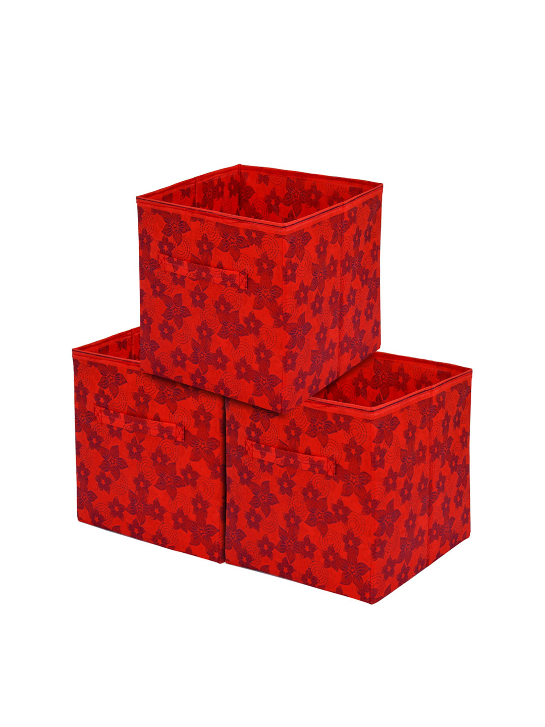 Kuber Industries Set Of 3 Red Printed Foldable Cube Storage Boxes With Handle Replacement Drawer